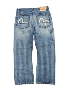 Evisu Men's Blue Denim Jeans with Contrast Pocket Motif